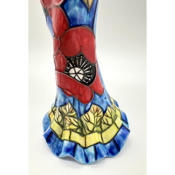 Benaya Dress Vase Art Deco Blue Ceramic Red Poppy Flowers Signed AK 06 12" - Picture 3 of 4